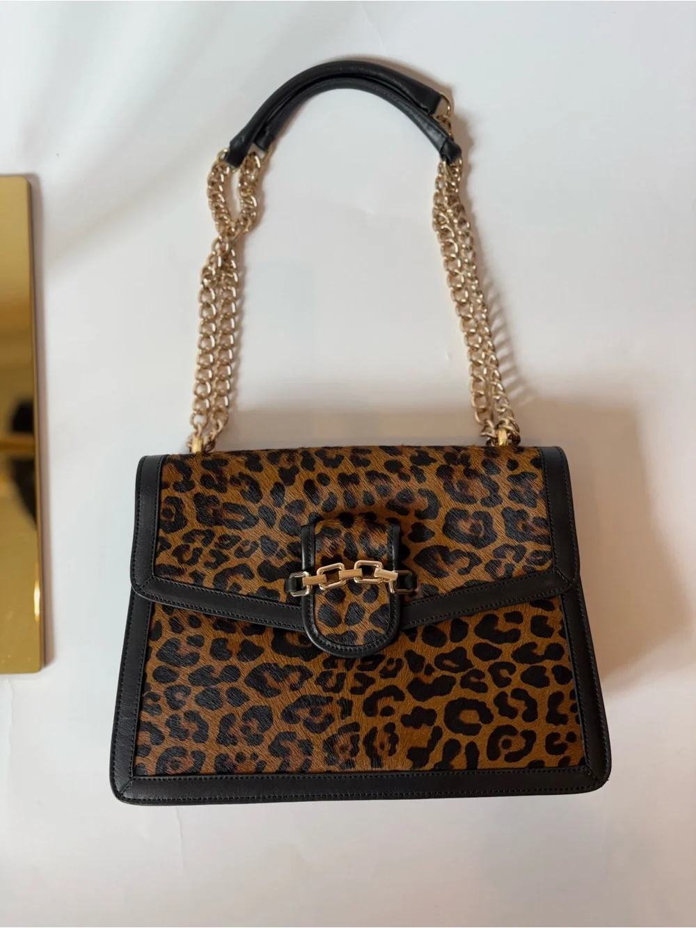 Italian Leather & Leopard Calf Hair Shoulder Bag with Gold Chain